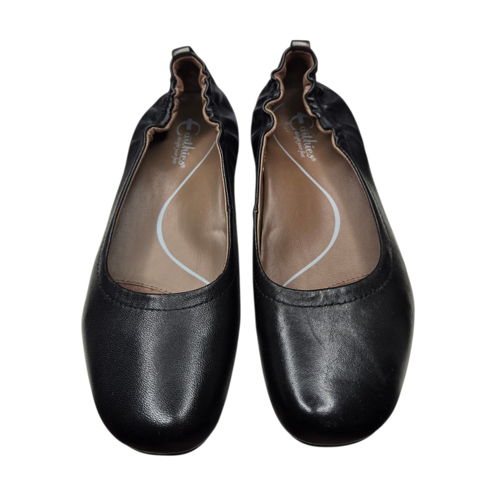 Earthies Tolo Black Leather Ballet Flats Size 7.5 Ruched Comfort Shoes Slip On - Picture 2 of 15